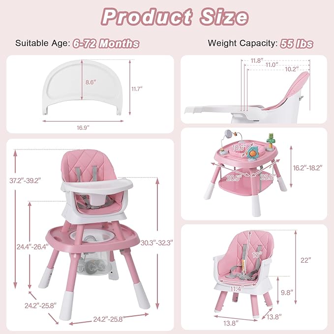 Babyliebe 15-in-1 Baby High Chair, Convertible Highchair for Babies and Toddlers with Activity Center, Booster Seat, Building Block Table, Toddler Chair with Safety Harness, Removable Tray (Pink)