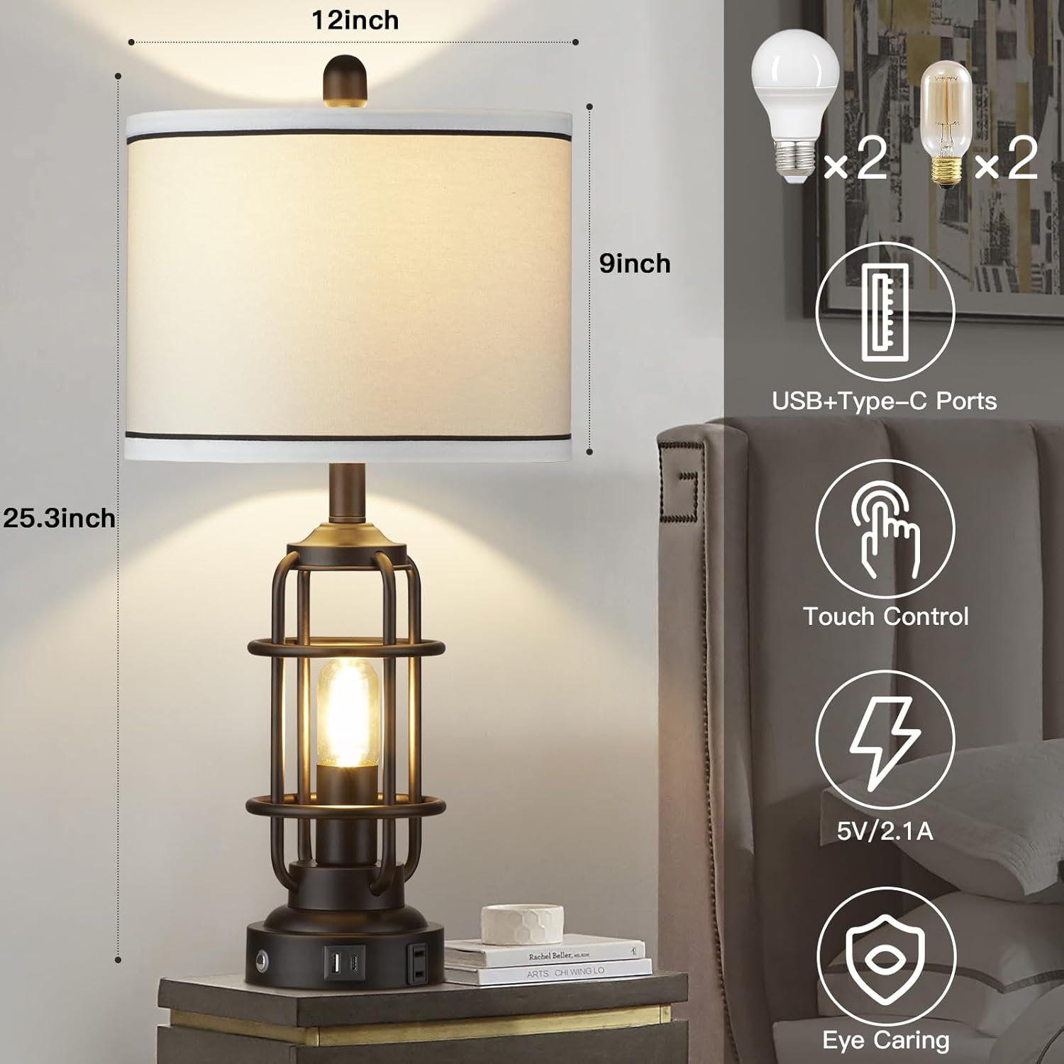 26" Modern Lamp for Living Room, Industrial 3-Way Dimmable Beside Table Lamp with USB A+C Charging Ports & AC Outlet, Touch Control Beside Lamp LED Night Light for Bedroom Single(2 Bulbs Included)