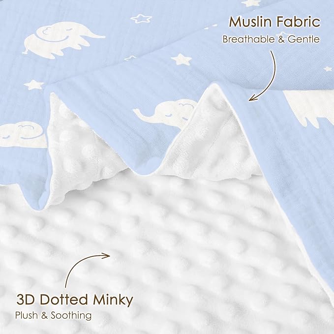 Elephant Baby Blankets for Boys Girls, Soft Nursery Minky Blankets with Muslin and Dotted Fleece Back 30x40 inches, Receiving Bed Quilt for Newborn, Infants, Toddlers