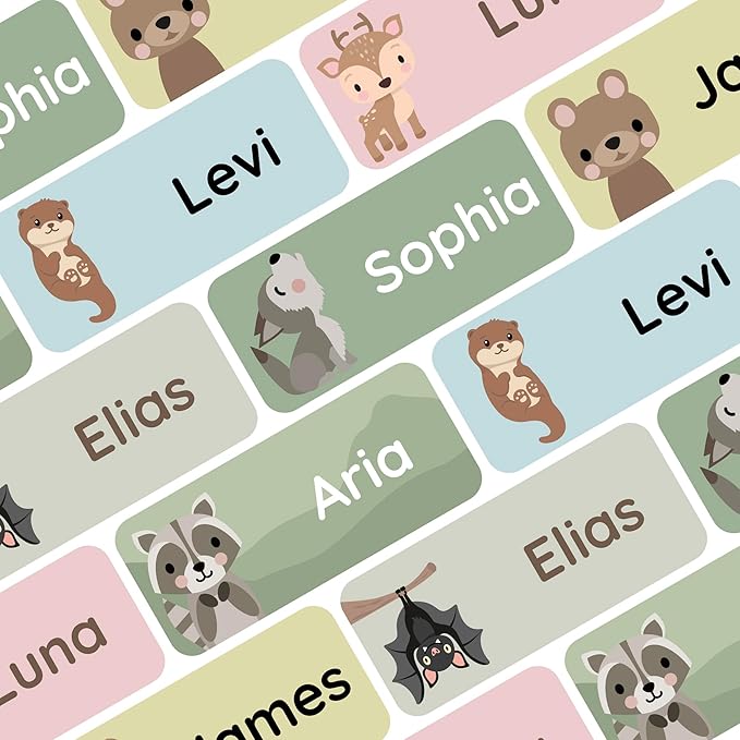 Personalized Name Labels for Kids (120) – Custom Waterproof & Durable Stickers for Clothing, Daycare, Office & School Supplies - Forest Animals