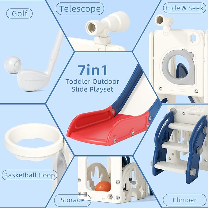 KORIMEFA 7 in 1 Toddler Slide, Kids Slide for Toddlers Baby 1-3 Years Old, Indoor and Outdoor with Basketball Hoop & Golf Set, Plastic Slides for Kids Easy Assembly, Blue
