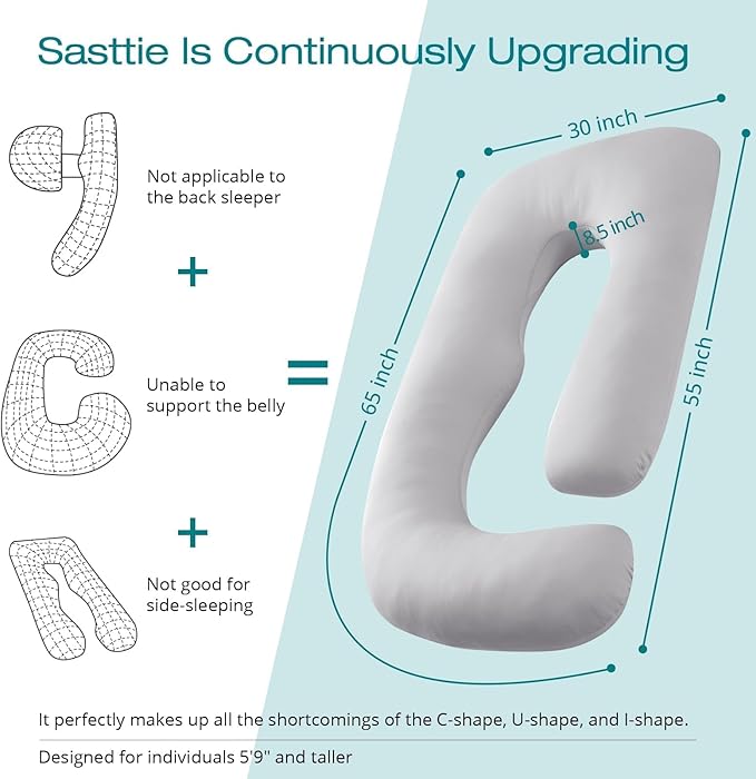 Sasttie Pregnancy Pillows for Sleeping, Jumbo U Shaped Cooling Full Body Pillow with Removable Cover, Pregnant Women Must Haves, Maternity Essential, Light Grey