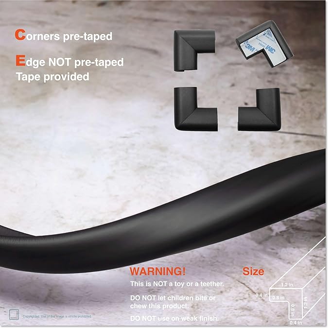 Roving Cove HeftyFit Edge Corner Protector Baby Proofing (Large 18ft Edge 8 Corners), Heavy-Duty, Soft NBR Rubber Foam, Furniture Fireplace Safety Bumper Guard, 3M Adhesive, Onyx Black