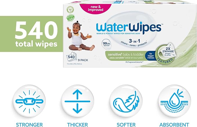WaterWipes Sensitive+ Baby & Toddler Wipes, 3-In-1 Cleans, Cares, Protects, 99.9% Water, Textured Clean, Unscented & Hypoallergenic, 540 Count (Pack of 9)