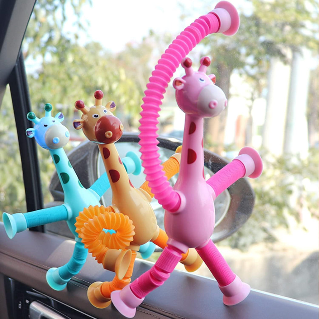 4 Pack Telescopic Suction Cup Giraffe Toy,Sucker pop Tube Giraffe,Suction Cup Toys,Animal pop Tubes,Airplane Toys for Toddlers 1-3,Toddler Travel Toys,Travel Toys for Toddlers 1-3