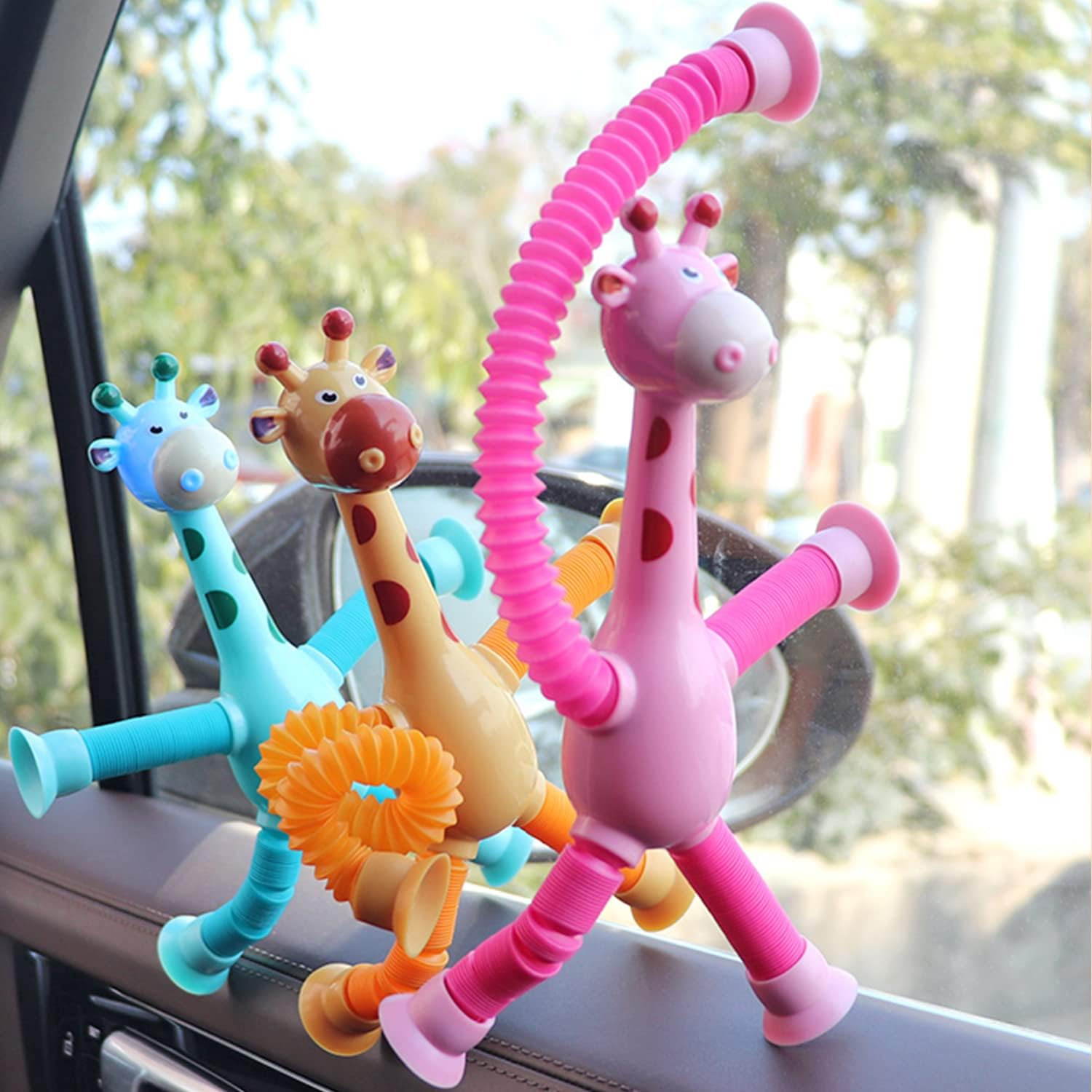 4 Pack Telescopic Suction Cup Giraffe Toy,Sucker pop Tube Giraffe,Suction Cup Toys,Animal pop Tubes,Airplane Toys for Toddlers 1-3,Toddler Travel Toys,Travel Toys for Toddlers 1-3