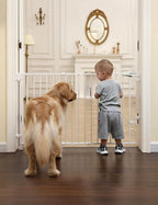 Babelio Easy to Remove & No Bottom Bar Baby Gate, 29-43" Hardware Mounted (Drill Needed)| Wide Walk-Thru| Auto-Close Safety Dog/Pet Gate for Stairs & Doorways (White, 29-43" W, 30" H)