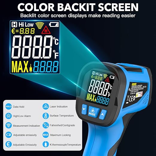 Infrared Thermometer Temperature Gun - TEMIRUP Non-Contact Digital Laser Thermometer Temp Gun with Thermocouple Probe for Industrial, Cooking, Griddle, Engine, HVAC, Adjustable Emissivity,-40℉~1202℉