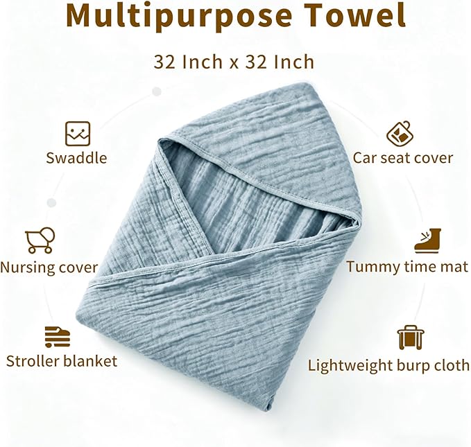 Organic Muslin Hooded Baby Bath Towels - 2 Pack 100% Organic Cotton Towel for Babies, Infants, Toddlers - 32x32Inch - Highly Absorbent and Newborn Essential(Blue Green)