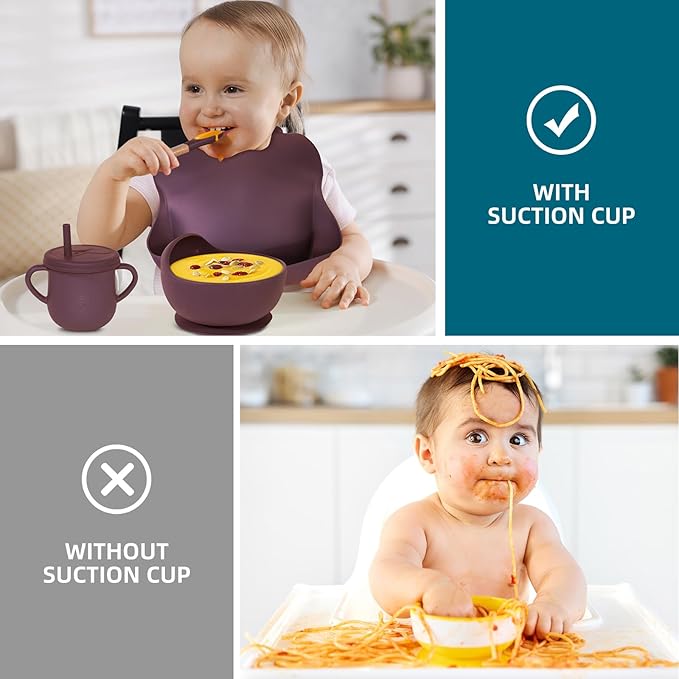 100% Silicone Baby Feeding Set, BPA Free Dishes With Suction Bowl, Divided Plate, Toddler Self Feeding Utensils, Spoons, Forks, Sippy Cup and Bib (Dark Red)