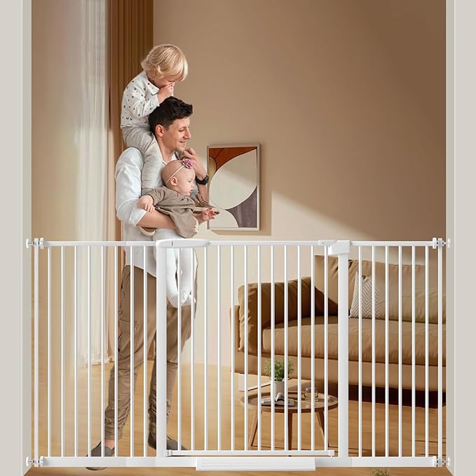 DEARBB Extra Wide Baby Gate Ultra Narrow Spacing 30.11-77.36" Pressure Mounted Double Lock Swing Auto Close Walk Through Metal Safety Pet Gate for Stairs and House Doorway Kitchen