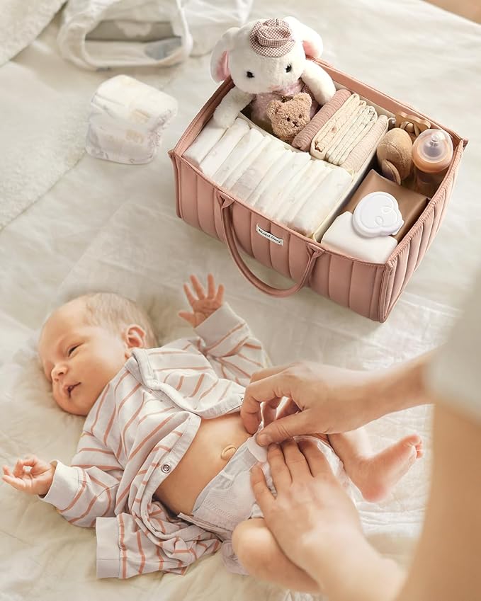 Blissful Diary Baby Diaper Caddy Organizer, Stylish Storage Basket for Newborn Essentials and Diaper Station, Gift for Baby Shower and Registry Must-Have, Blush Pink