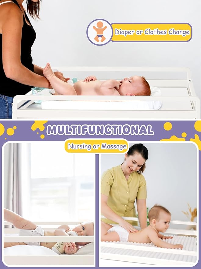 VBABY Foldable Baby Changing Table with Wheels, Certified Diaper Changing Station with Storage Drawers, 3 in 1 Portable Compact Diaper Table for Nursery, White