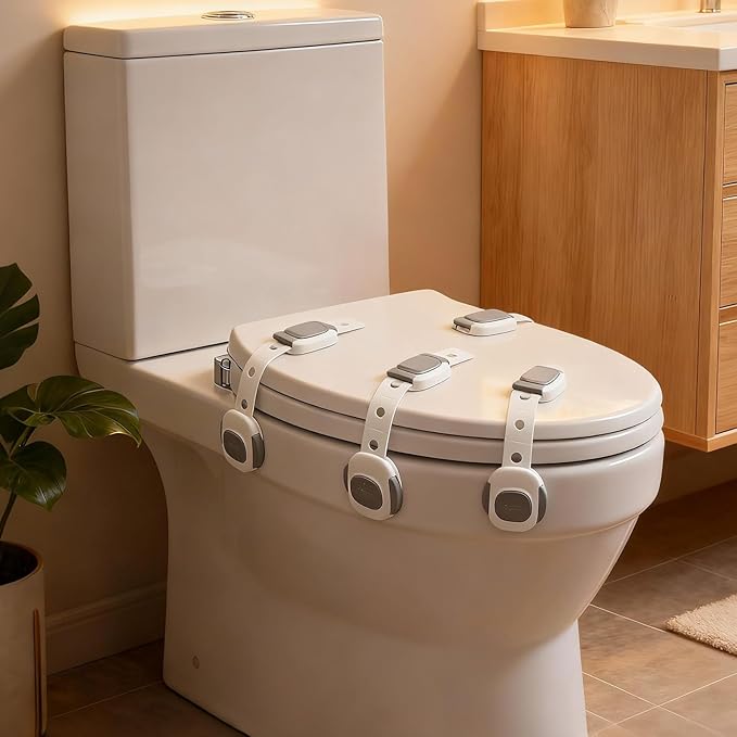 Baby Proof Toilet Lock (4-Pack) - Child Safety Cabinet Locks for Toilet Seat, Drawers, Fridge, Doors | Easy Install with Strong 3M Adhesive | Non-Toxic & Adjustable Strap for Toddler & Pet Safety