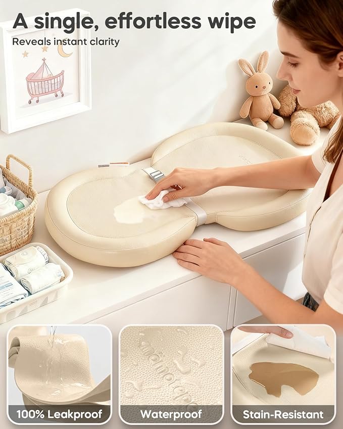 Baby Changing Pad with Waterproof & Wipe-Clean, Non-Slip Foldable PU Diaper Changing Pad, Adjustable Safety Belt, Changing Pad for Dresser, Changing Table,24"X16",Beige