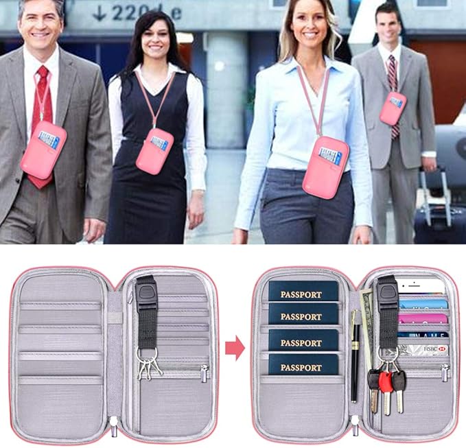 RFID Family Passport Wallet Holder Waterproof, Travel Document Organizer Credit Card Clutch Bag for Men Women