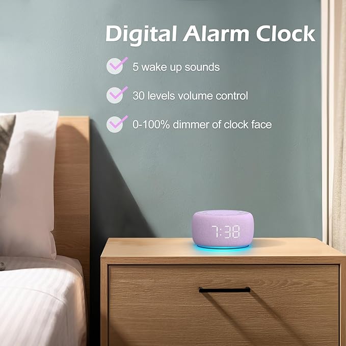 Buffbee Sound Machine & Alarm Clock 2-in-1, 0-100% Clock Face Brightness, Bottom Colored Light, Sleep Timer, Precise 30-Level Volume White Noise Machine, Digital Alarm Clocks for Bedrooms - Purple