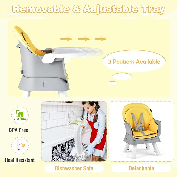 HONEY JOY 8 in 1 Baby High Chair, Convertible Highchair for Babies and Toddlers/Table and Chair Set/Building Block Table/Booster Seat/Stool/Toddler Chair with Safety Harness(Yellow)