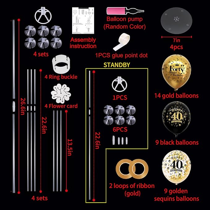 TONIFUL 4 Set Black Gold Balloon Stand Kit for Birthday Decorations for 40th,Balloon Centerpieces for Table Party Decorations Cheers to 40 Years Old Birthday for Men and Women