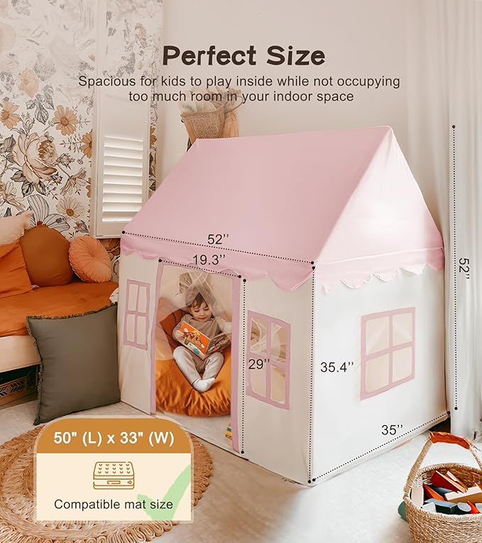 Large Kids Tent with mat, Star Lights, Tissue Garland, Play Tent Indoor & Outdoor, Kids Play Tent for Girl & Boy Aged 3+, Kids Tent for Toddler, 52" x35" x 52" Play House with Windows, Washable, Pink