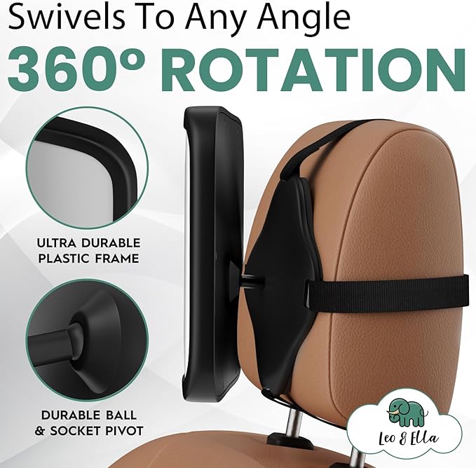 Leo and Ella - Baby Car Mirror - Extra Large & Ultra Clear Infant View, Crash Tested Shatterproof Design w/ 360° Adjustable Mount, Premium Car Mirror For Baby