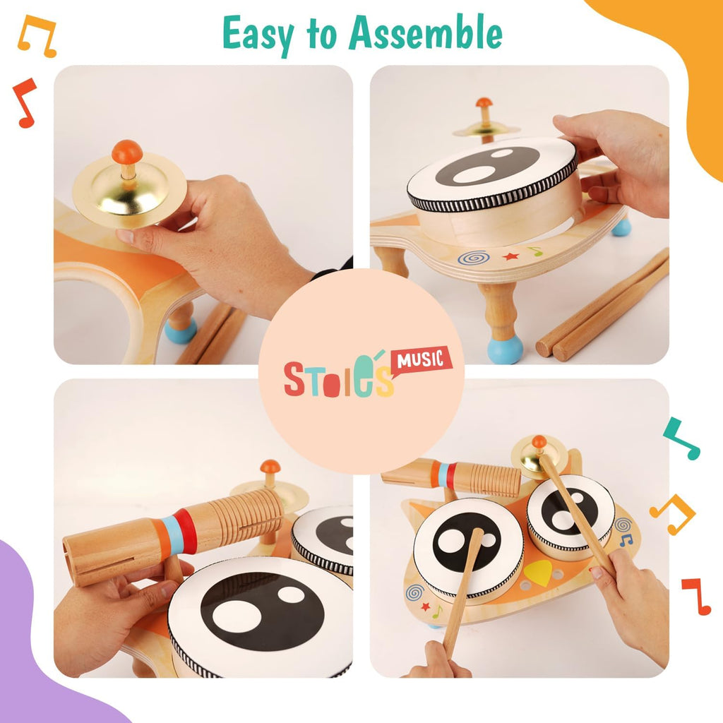 Stoie's Owl Drum Set for Babies and Toddlers 3-5 Years Old- Wooden Percussion Musical Instruments for Kids with Cymbals, Tambourines, Drumsticks, Durable, Safe to Play, Clear Sound, Easy-to asseble