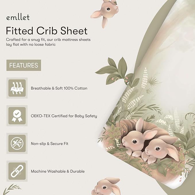 100% Cotton Fitted Crib Sheet, Peekaboo Bunny Design, Gentle Baby Nursery Bedding, Fits Standard 52 x 28 in Mattress