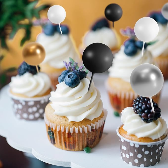 75 Pieces Cake Balls Topper Decorations Foam Cupcake Topper Mini Balloon Cake Topper Balls Cake Picks for Cake Deco Birthday Party Wedding（Black, Gold. Silver, White）
