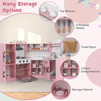 Costzon Corner Kids Kitchen Playset, Wooden Play Kitchen with Sounds & Lights, Washing Machine, Range Hood, Ice Maker, Microwave, Oven, Sink, Pretend Toy Kitchen Set for Toddler, Gift for Boys Girls