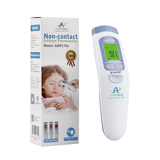 Amplim Non-Contact Forehead Thermometer for Kids and Adults. AmpMed No-Touch Baby Head Temporal Thermometer. Touchless Digital Fever Thermometer for Accurate Temperature Reading (White Blue)