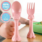 Made in USA Spoon la la Toddler Utensils Set - 2 Pack (1 Spoon & 1 Fork for Kids) - Self-Standing 3D Ergonomic Cat & Dog Handles - BPA-free, Dishwasher Safe, Baby Silverware (Pink)