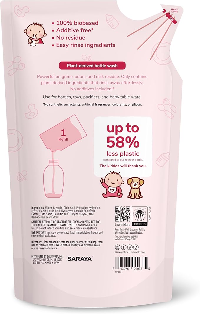 Unscented Foam Bottle Wash Refill, Natural Plant Based Baby Bottle & Dish Soap, No Artificial Fragrance or Additives, Gentle for Washing Bottles, Pacifiers and Toys, Easy Rinse, 15.21 Fl Oz