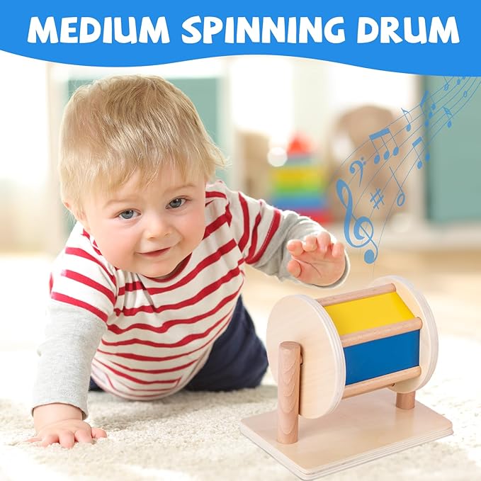 Montessori Baby Toys Play Kit Montessori Mirror Peekaboo Knob Puzzle, Medium Spinning Drum and Rainbow Fabric Ball Kit Toys for6-12Months Toddlers (Play Kit 3)