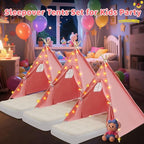 4 Pack Teepee Tent for Kids with Light String and Inflatable Airbed, Slumber Party Tents, Sleepover Tents Party for Girls Boys Indoor Outdoor (Pink)