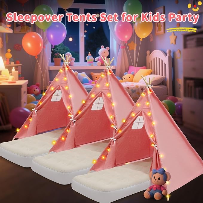 4 Pack Teepee Tent for Kids with Light String and Inflatable Airbed, Slumber Party Tents, Sleepover Tents Party for Girls Boys Indoor Outdoor (Pink)