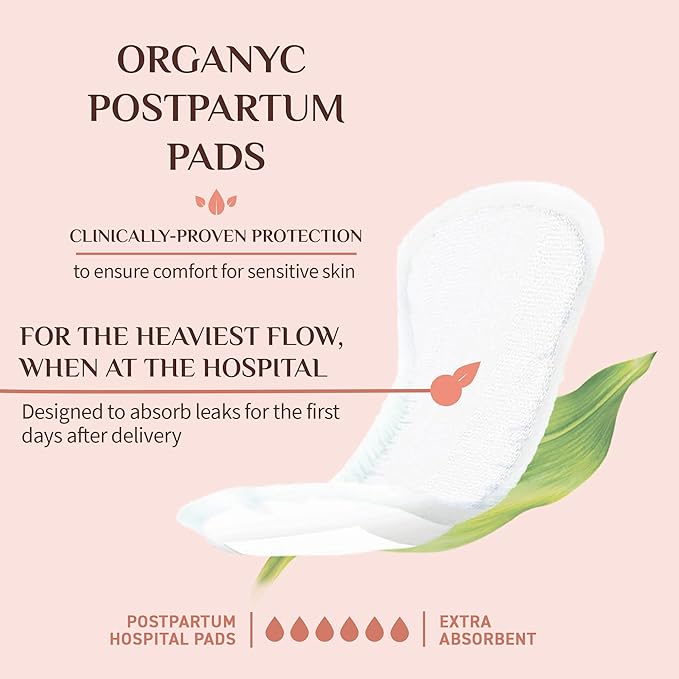 Organyc Hospital Postpartum Pads, 100% Certified Organic Cotton Inside and Out for Women, for First Days After Delivery, 12 Counts