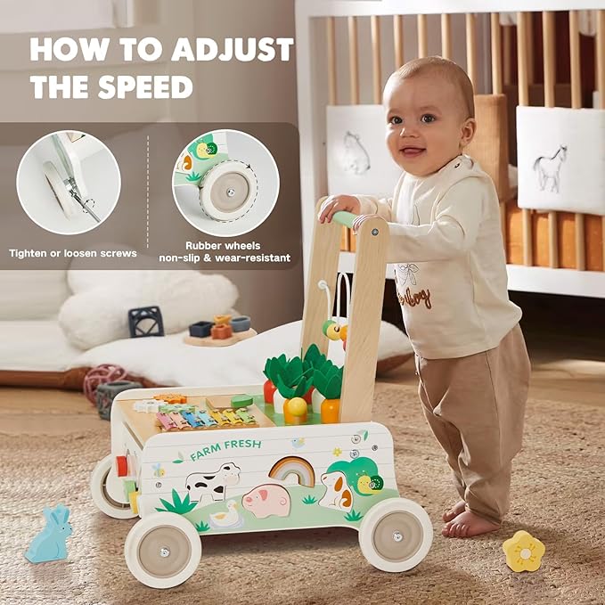 Wooden Baby Walker, Baby Push Walker, Adjustable Speed Baby Walker with Wheel, Toddler Activity Center Toys, Montessori Farm Walker Toy with Shape Sorter, Carrot Harvest for Boys and Girls