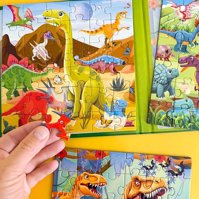 QUOKKA Travel Magnetic Puzzles for Toddlers 3 – 30+Pcs Dino Game with Extra-Long Play Book – Fun Travel Game Toy for Kids Ages 3-5 – Strong Magnets for Car Activities – Fun Toddler Puzzle Ages 3-4