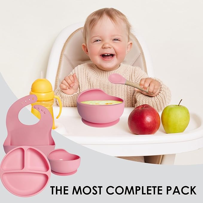 Bluet B - Silicone Baby Feeding Set - Baby Led Weaning Supplies - Baby Spoons, Suction Bowl - Plate - Baby Utensils - Silicone Feeding Set for Baby First Foods, Infant Eating - 8pcs - Pink