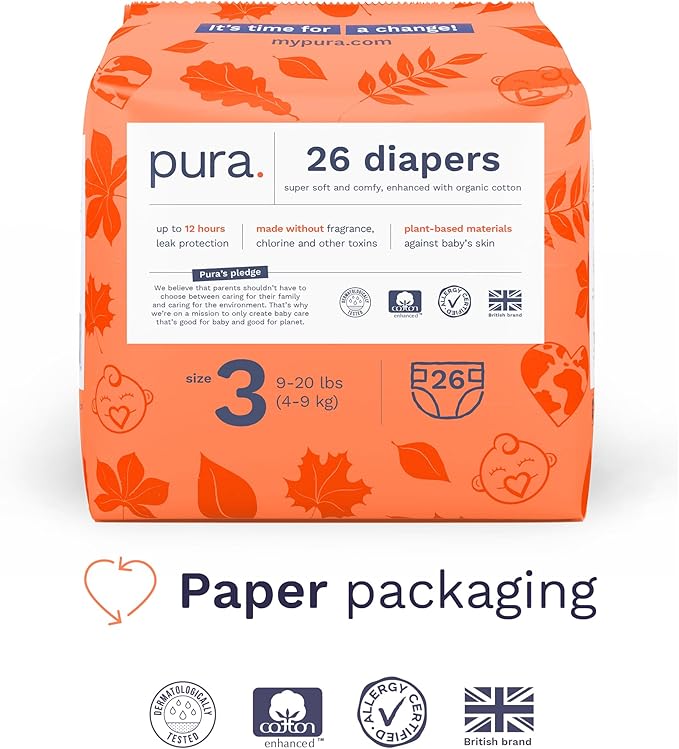 Pura Size 3 Eco-Friendly Diapers (9-20 lbs) Totally Chlorine Free (TCF) Hypoallergenic, Soft Organic Cotton, Sustainable, up to 12 Hours Leak Protection, Allergy UK, 1 Pack of 26 Diapers