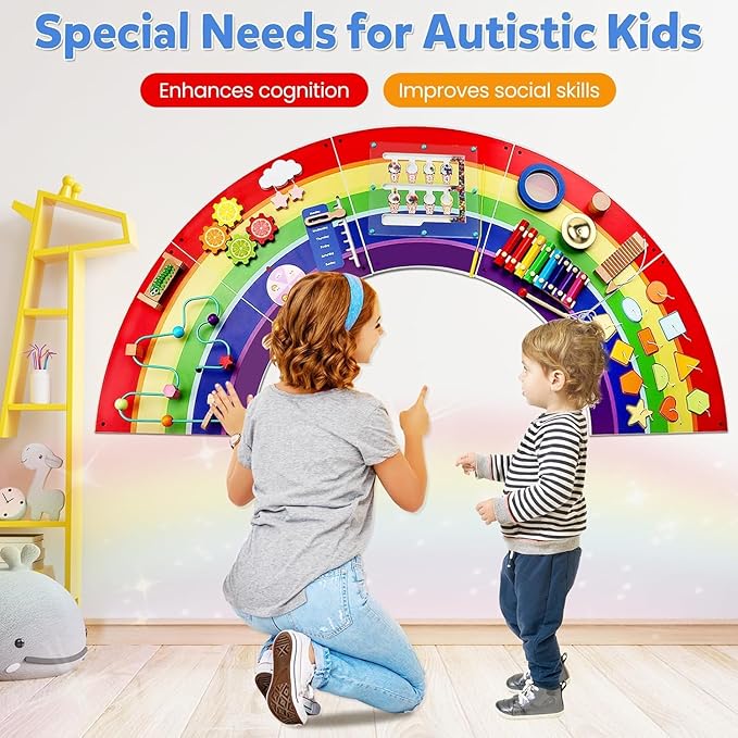 Activity Wall Busy Board for Toddlers: Montessori Sensory Toys- Sensory Wall Panel for Kids Playroom Daycare Learning Center Rainbow
