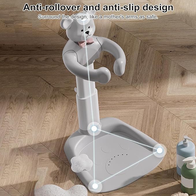 Adjustable Baby Shower Stand with Anti-Slip Base, Huggable Bear Bath Support, Portable Baby Shower Stand, Bath Shower Standing Support Baby Bath Stand for Infants Babys Grey Bear