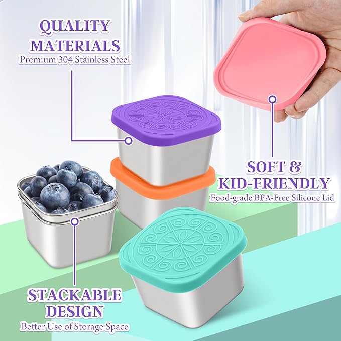 Stainless Steel Snack Containers for Kids,7.2oz Easy Open Leak Proof Reusable Snack Box Container with Lids,Small Lunch Containers for Meal Prep,School,Picnic and Travel-6Pack