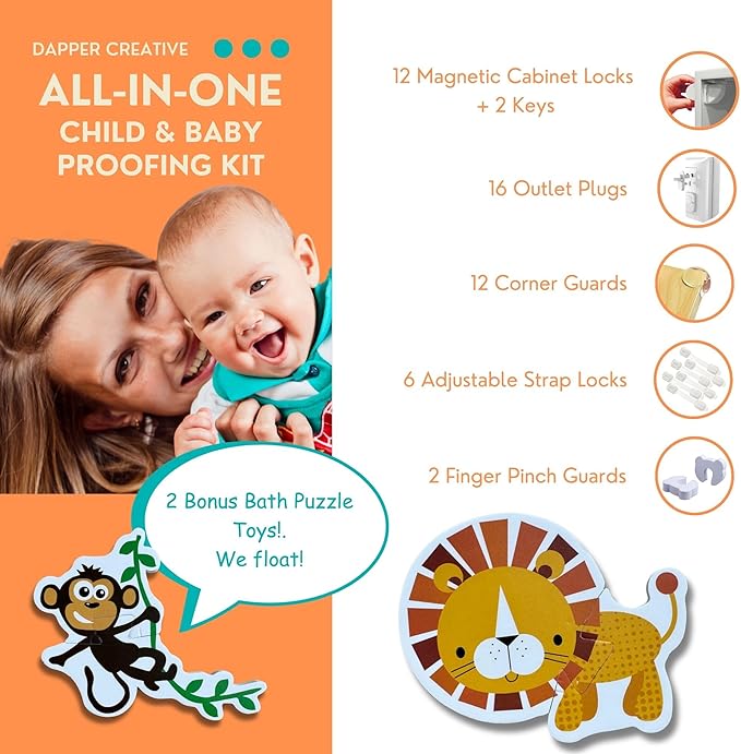 Baby Proofing Kit 67pcs All in One Includes Magnetic Cabinet Locks for Baby Proofing, Corner Bumper Protectors, Child Safety Strap Locks, Power Point Outlet Covers, Finger Pinch Guards & Bath Toys