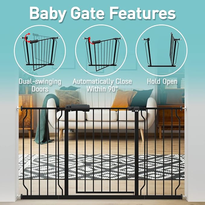 WAOWAO Baby Gate 48.03-52.76" Extra Wide Pressure Mounted Walk Through Swing Auto Close Safety Black Metal Toddler Kids Child Dog Pet Puppy for Stairs,Doorways,Kitchen