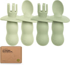 KeaBabies 4-Pack Silicone Baby Spoons and Forks Set - Baby Led Weaning Utensils 6-12 Months, Self Feeding Toddler Spoon & Fork for Training, Teething, Easy to Hold, BPA-Free Silicone (Sage)