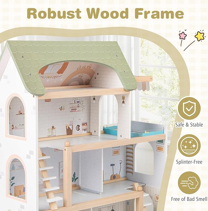 Costzon Wooden Dollhouse, Kids DIY Pretend Playhouse w/ 33 PCS Furniture Accessories, Modern Family Play House Toy w/Balcony, Pool for Girls & Boys Ages 3+ Years Old