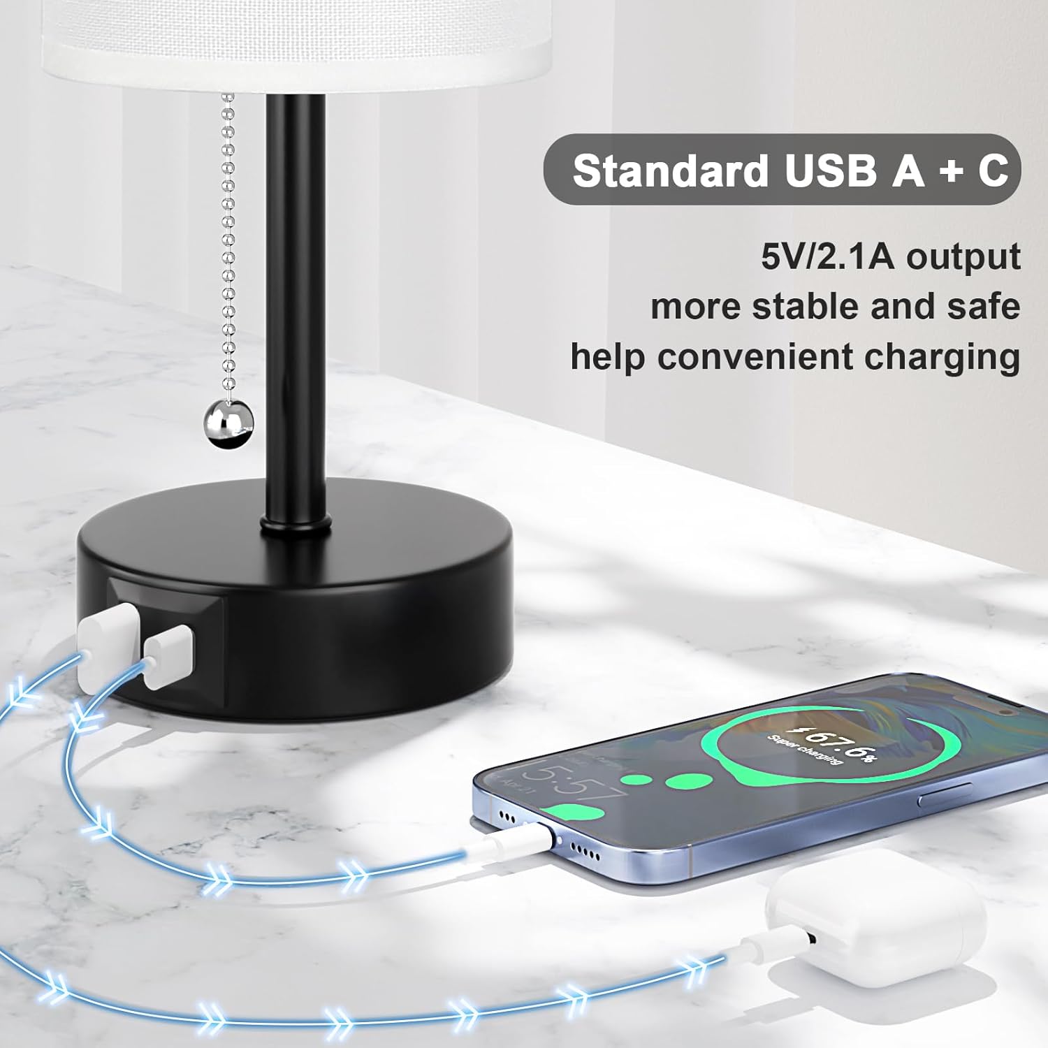 White Table Bedside Lamp for Bedroom Nightstand - Small Lamp with USB A + C Charging Port, 3 Color Temperatures Pull Chain Night Stand Light with Bulb, Side Table Desk Reading Lamp for Living Room