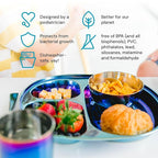 Ahimsa Stainless Steel Kids Dinnerware Set - 5 Piece Stainless Steel Toddler Plates and Bowls Set, Pediatrician Designed, Plastic Free Toddler Plate and Bowl, Kids Utensils and Cup (Blue)