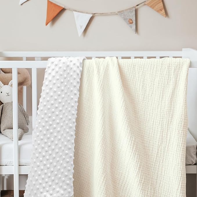 Baby Blankets for Boys Girls, Soft Nursery Minky Blankets with Muslin and Dotted Fleece Back 30x40 inches, Receiving Bed Quilt for Newborn, Infants, Toddlers (Butter)